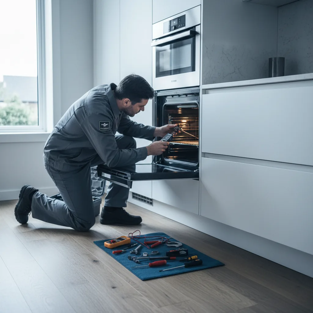 Technician repairing a built-in wall oven with precision tools