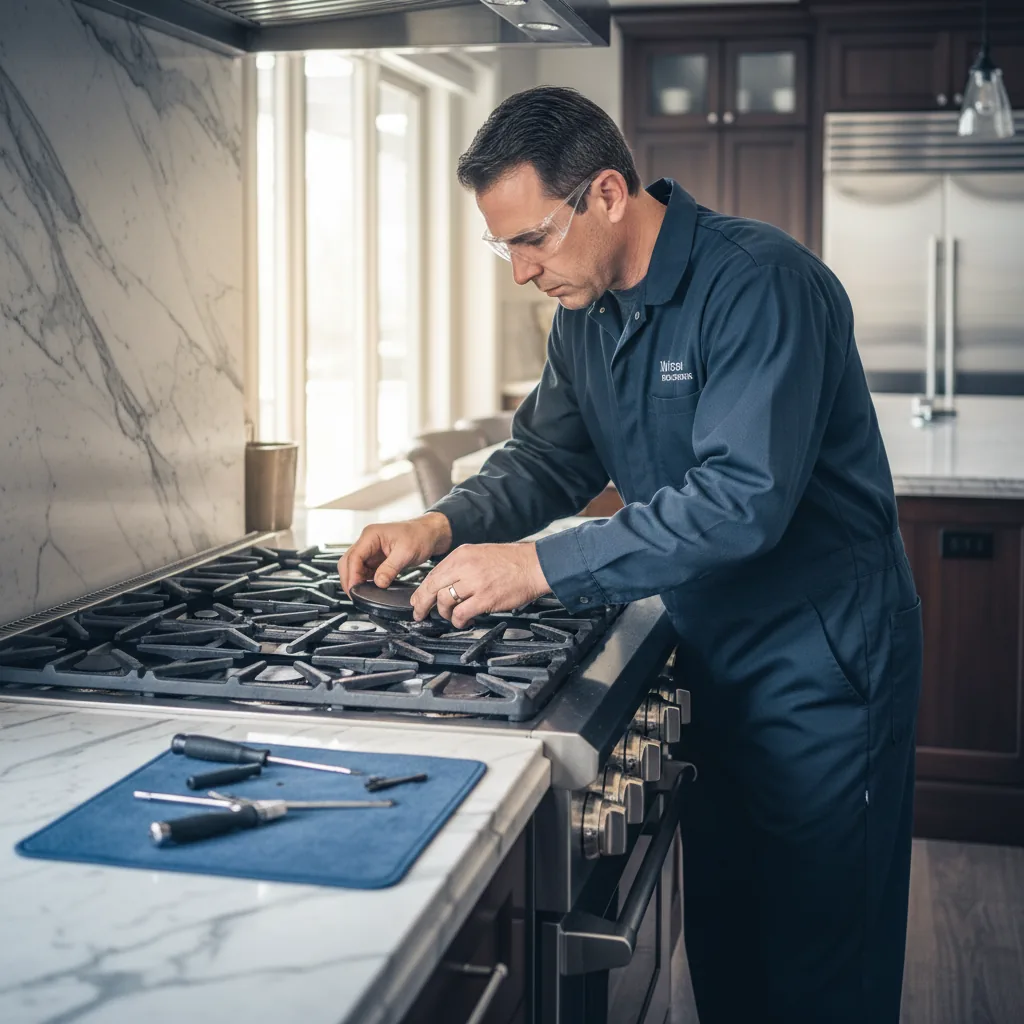 Technician calibrating a Wolf range for altitude